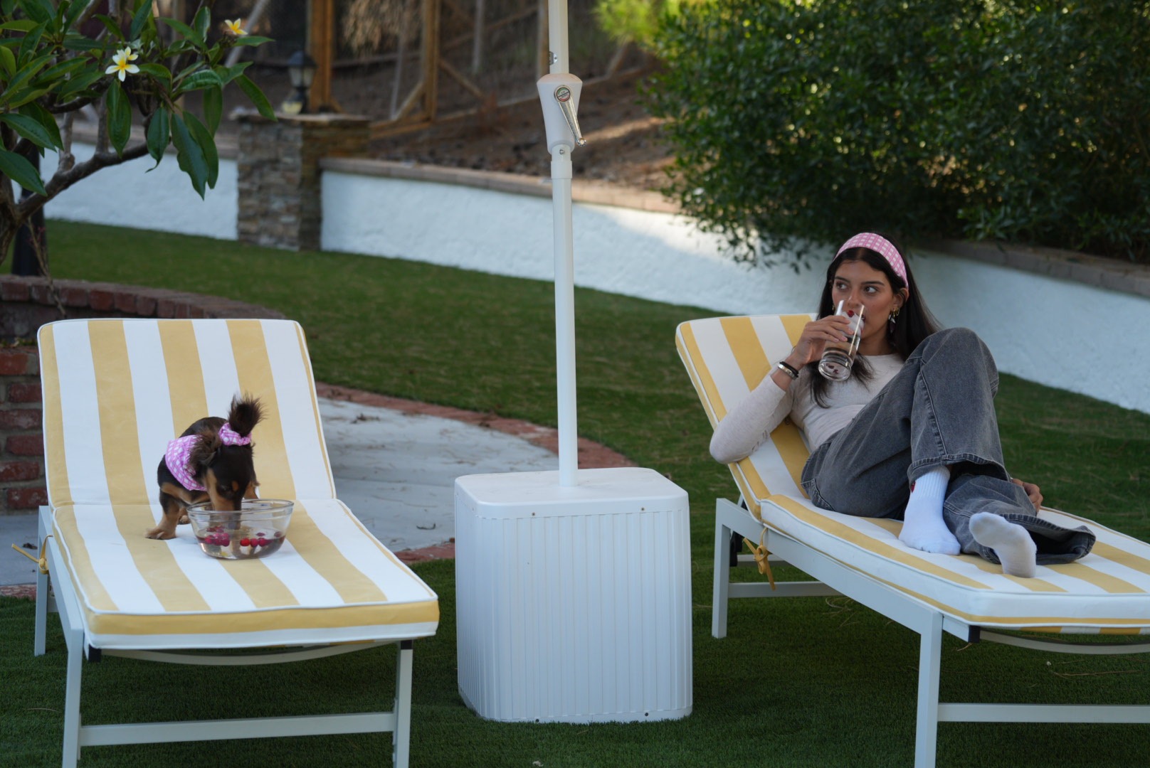 Owner and her dog relaxing on striped lounge chairs in the yard